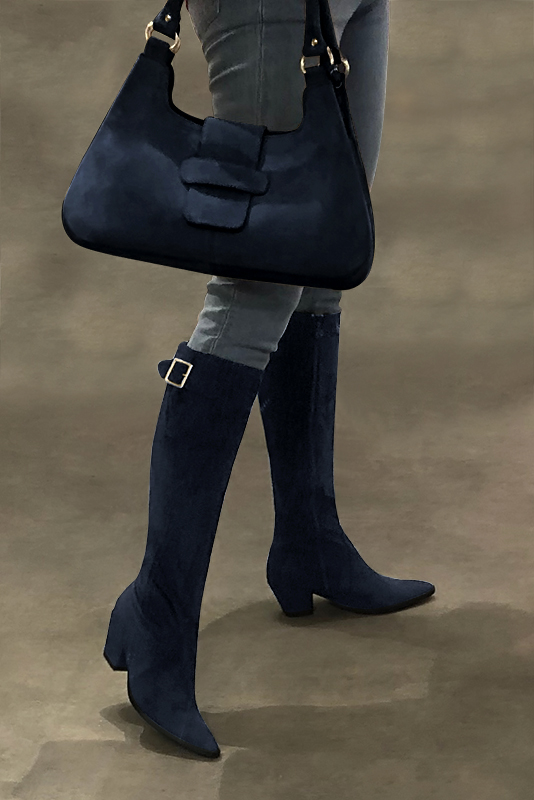 Midnight blue women's knee-high boots with buckles. Tapered toe. Medium cone heels. Made to measure. Worn view - Florence KOOIJMAN